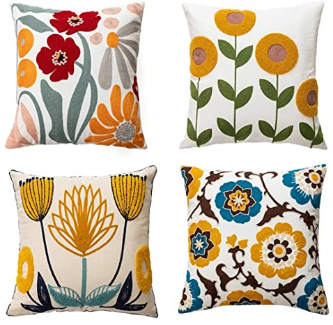 EIMOPE Garden Outdoor Embroidery Flower Floral Cushion Covers 45 x 45cm Summer Spring Bench Patio Pillows Farmhouse Flower Leaves Decorative Polyester Linen Pillowcase for Home Couch Sofa, Set of 4