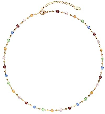 JURYLOO Beaded Choker Necklaces, Handmade Healing Crystal Stone Choker Colorful Bohemian Gemstone Necklaces Gold Summer Beach Choker Necklaces for Women CK-Square-Crystal