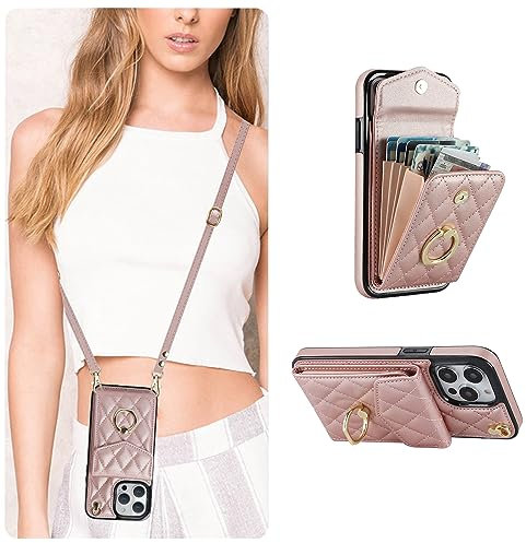 QLTYPRI Crossbody Wallet Case for iPhone 14 Pro Max, PU Leather Phone Case with RFID Blocking Card Slots Holder Ring Kickstand Wrist Strap Lanyard Handbag Purse Cover for iPhone 14 Pro Max – Rose Gold
