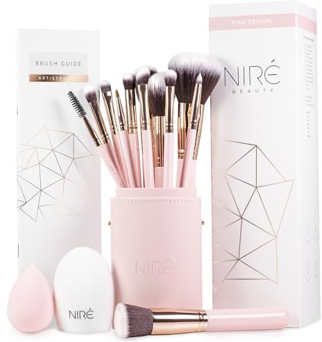Niré Beauty Pink Makeup Brushes - 15-piece Award Winning Pink Makeup Brush Set with Case, Blending Sponge, Brush Cleaner, Guide, Gift Box