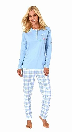 Élégant pyjama à manches longues pour femme avec pantalon à carreaux en jersey, également en grandes tailles, bleu clair, 50