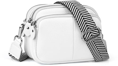befen Echtleder Umhängetasche Damen Klein Crossbody Bag Handytasche zum Umhängen, Moderne Handtasche Taschen mit Breitem Schultergurt für Arbeiten Einkaufen Reisen, Weiß