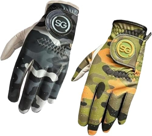 Sports Gear Ltd Guanti da golf da uomo con motivo mimetico, palmo in pelle Cabretta bianca, per tutte le condizioni atmosferiche, per golfisti destrorsi, colore verde e grigio (L)