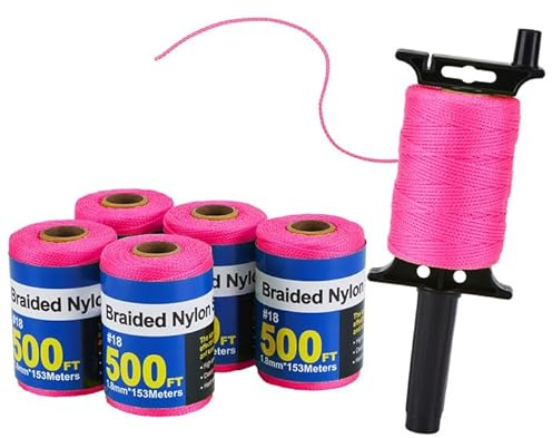 IMAGE 6 Roll Mason Line String Line - #18 Braided Nylon String - 500 Ft Length - Nylon with Reloadable Line Reel Twine for Gardening Or Masonry Tools, Perfect Construction String (Pink)