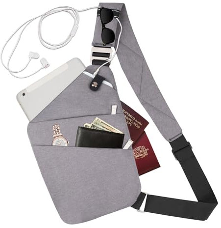BROADREAM Persönliche Flex-Tasche für Männer und Frauen, Anti-Diebstahl, schmale Umhängetasche, Sling-Brustrucksack für Sport, Reisen, Freizeit, Wandern, Grau-2 Haupttaschen