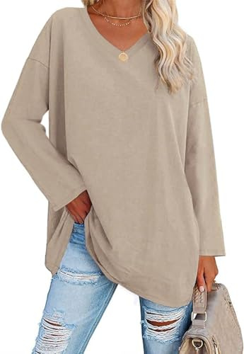 Ebifin Oversize Langarmshirt Damen Longshirt V-Ausschnitt Oberteil Langarm T Shirts Pullover Basic Tunika Tee Tops.Khaki.XL