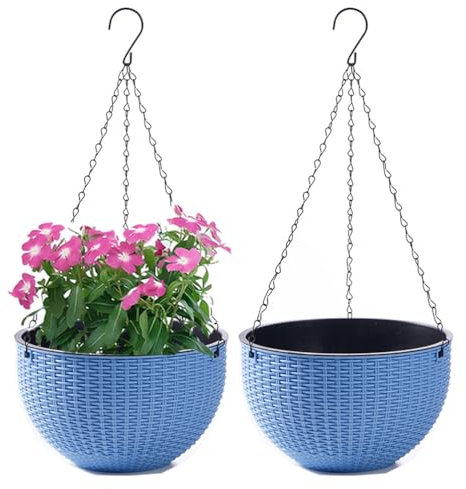 WOWEI 2 Piezas Macetas Colgantes para Plantas con Almacenamiento de Agua y Orificio de Drenaje Macetas de Autorriego Cesta Colgante Flores Suculentas Con Cadenas Inoxidables (Azul, S)