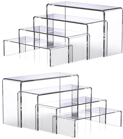 Deefongo 8 PCS Acrylic Risers for Display, 4-Tier Clear Rectangular Tiered Display Stand, Cupcake Dessert Stand, Product Display Shelf Stand (2 Sets)