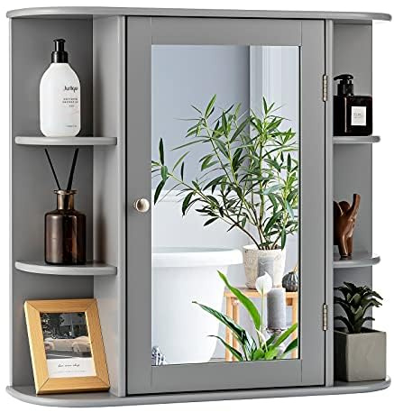 Generisch FANTASK Badezimmerschrank Spiegelschrank Bad, 4 Fächer & 6 offene Ablagen, Spiegelschrank mit Spiegel, Badschrank hängend, Badezimmer Hängeschrank, Holz, 66 x 17 x 63cm (Grau)