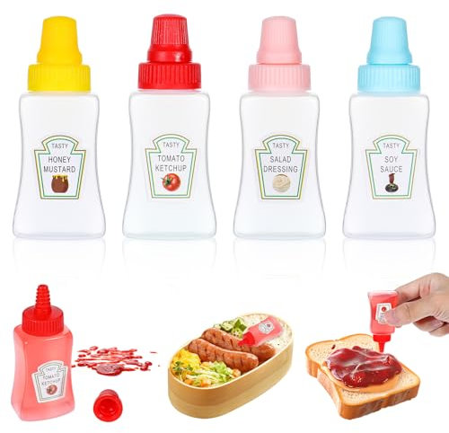 Gjinxi 4PCs Mini Ketchup Bottles, 23 ml Sauce Bottle Squeeze with Sturdy Screw Cap, Portable Soy Honey Sauce Salad Dressing Dispensers Containers, Small Sauce Containers for Adult Lunch Box