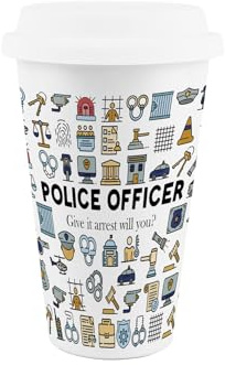 Purely Home Police Officer Ceramic Travel Mug - Novelty Policeman/Policewoman Crime Prevention Gifts/Presents - Reusable Silicone Lid Double-Walled Insulated Drinks Flask Cup
