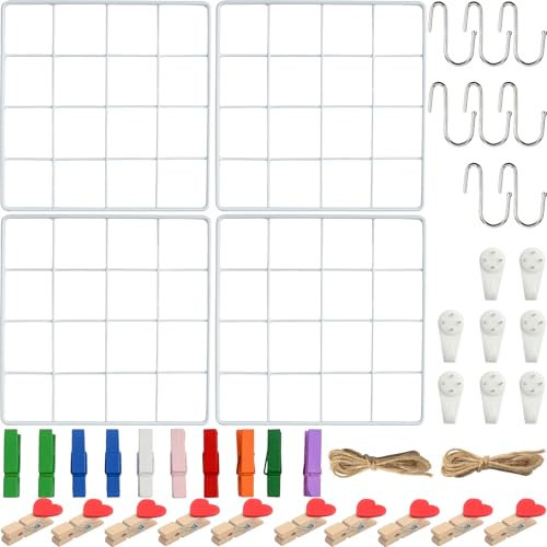 Roellgs 4 Piece 20×20cm Wall Grid (with Accessories) Grid Pin Board Photo Grid, Memo Board and Photo Wall, Decorative Metal Grid for Office, Kitchen, Room and More. (White)