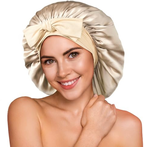 Umisleep 100% seidenhaube zum schlafen - Doppelseidige Maulbeerseide schlafhaube für Lange Haare, Atmungsaktiv und Weiche 22 Momme Schlafmütze mit Verstellbares Band, Blassgold