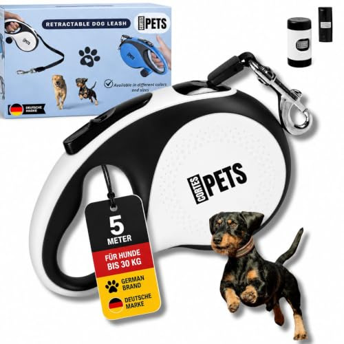 CORTES PETS rullkoppel hundkoppel 8m för stora och små hundar upp till 50 kg – utdragbart hundkoppel 8 m med bajspåse – infällbart – flexi belt – utdragbart koppel (vit, M | 5m | 30kg)
