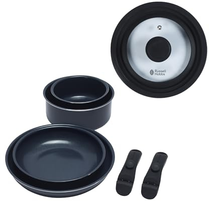 Russell Hobbs Smart Clip 7-Piece Frying Pan & Saucepan Set – 22/26 cm Fry Pans, 16/20 cm Cooking Pots, 2 Clip-On Handles, Universal Glass Lid Included, Non-Stick, Induction Suitable, Oven Safe