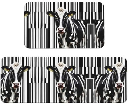 Alfombras de cocina pequeñas con estampado de vaca lechera negra y blanca, antideslizantes, lavables, 2 juegos de alfombrillas antideslizantes e impermeables