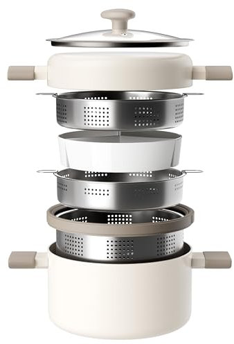 RIOVARM Inducción Juego de ollas y sartenes con tapa Antiadherente Baterías de cocina con revestimiento cerámico Sartén con vaporera de acero inoxidable Cacerola con colador para pasta incorporado