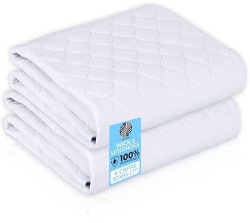 ALKI TEXTILE. Lot de 2 alèses blancs lavables 90 x 85 cm 4 couches Protège-lit réutilisable Fabriqué en Espagne Idéal pour enfants, matelas bébé et animaux