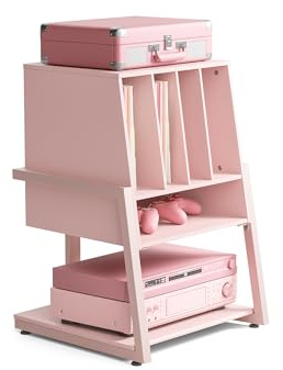 FITUEYES Design Plattenspieler Tisch aus Holz Metall HiFi Rack für Plattenspieler 120 Platten Kompaktanlage Plattenspieler Regal für Wohnzimmer Musikzimmer