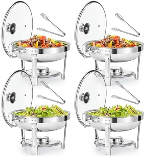 HTTGDGDH Juego De 4 Platos De Buffet Chafing Dish, Platos De Calentamiento Redondos De Acero Inoxidable Y Calentadores De Alimentos con Tapas, Bandejas De Comida Y Soportes De Com（4.5L 4Pc）