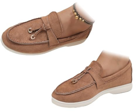 HESYSUAN Mocasines cómodos de piel de ante de caña baja para mujer, mocasines planos sin cordones con borla decorativa, mocasines ligeros para conducir