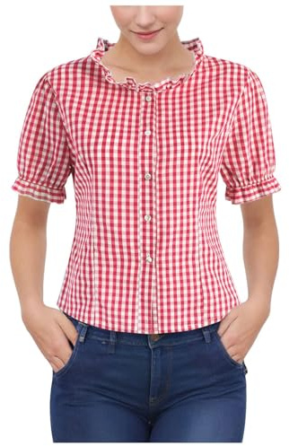 Chemise à carreaux Oktoberfest 2025 pour femme, col à carreaux, manches courtes bouffantes, chemisiers boutonnés, hauts d'été décontractés en vichy