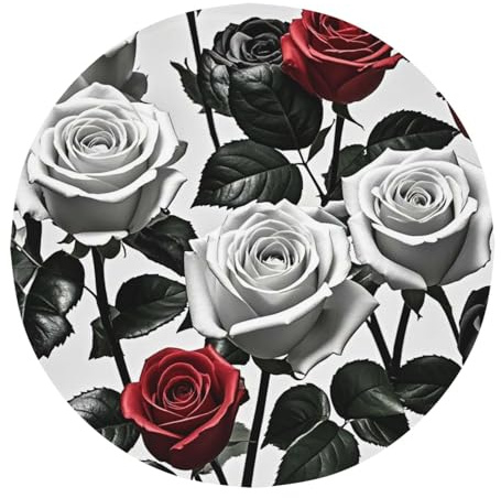MCJDFWNMKM Tablecloth for Round Table 60 Inch Desktop Decoration Washable Table Cloth Black White and Red Roses Tables Cover Soil Resistant Water Repellant Fabric Tablecloth for Dining Party Wedding