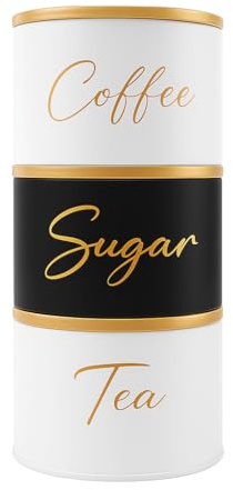 Maria's Selection Tea, Coffee, Sugar, Canister Set, Set of 3 Stackable Airtight Food Storage Easy to Open Storage Cansiters Jars Tin, Black/Grey/White