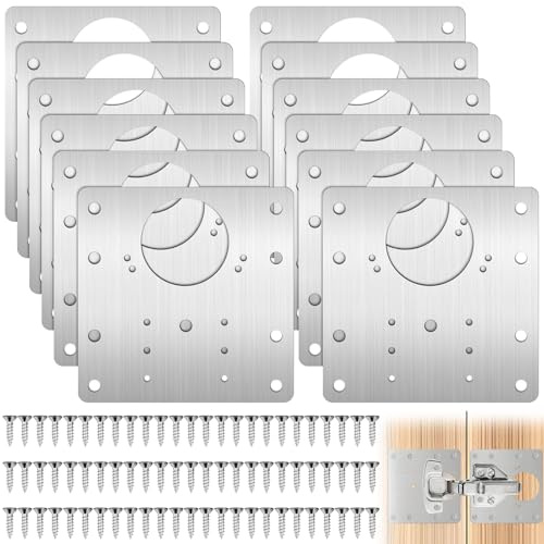 12 placas de reparación de bisagras, bisagra de armario de acero inoxidable con 72 tornillos, placa de fijación de bisagra de 9 cm × 9 cm, bisagras para puertas de armarios, cajones y cajas