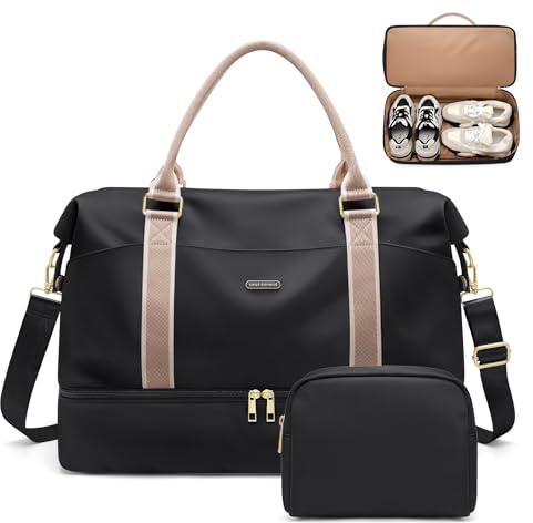 46L Reisetasche Damen, Groß Weekender Handgepäck Tasche mit Kosmetiktasche, Schuhfach & Nassfach, Kliniktasche, Trainingstasche, Sporttasche, für Flugzeug Reisen (Schwarz)