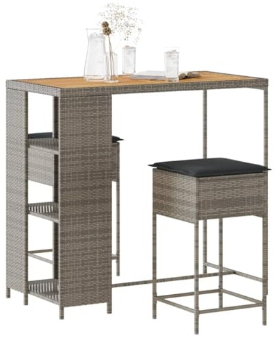 QJBSAVVA 3-TLG Gartenbar-Set Grau 120x60x110 cm Poly Rattan Akazienholz Balkonmöbel mit gepolstertem Sitzkissen bierzeltgarnitur für Garten Balkon Terrasse