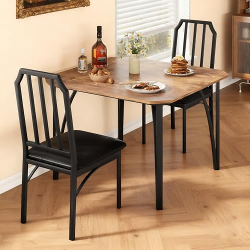IDEALHOUSE 3 Piece Dining Table Set, Small Kitchen Table with 2 PU Cushioned Chairs, Rectangular Easy-Clean MDF Top, Metal Frame, Space-Saving for Apartment, Retro Brown