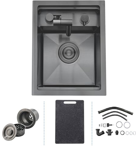 30x45cm Black Concealed Sink, iAnomla Kitchen Sink Black Stainless Steel Hidden Sinks Small Single Bowl with Foldable Faucet, Arble-Textured BPA FEE Cutting Board, for Bar and Small RV