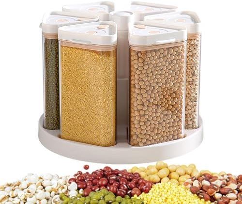 Dispensador giratorio de cereales, almacenamiento de cereales de 6 rejillas, soporte de cereales de gran capacidad con fácil rotación, harina, avena, aperitivos, despensa, cocina, encimera, panadería