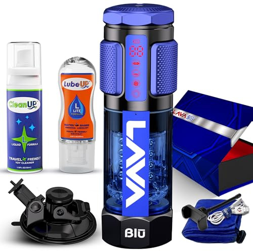LeLuv LavaBlu Heated Male Masturbator - Automatic Penis Pump and Male Stroker with 512 Modes, Suction, Thrusting and Rotating Vibrating, Waterproof Pocket Pussy Sex Toys for Men, Hands Free Adult Toy