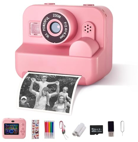 Warmiehomy Kids Instant Print Camera, 2.4'' 1080P HD Digital Camera for Girls Boys Age 3-12, Children Camera with 32GB Card & 3 Rolls Print Paper, Christmas Birthday Gift Toys, Pink