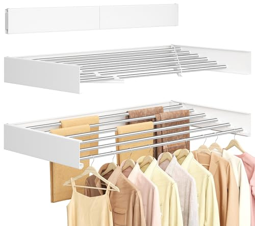 SONGMICS Wäscheständer Wandmontage, klappbar, 6 Stangen, 100 cm | Wandwäschetrockner ausziehbar, platzsparend, Bohrschablone, für innen, außen, mattweiß, BUNJI Kollektion LLR810WE01