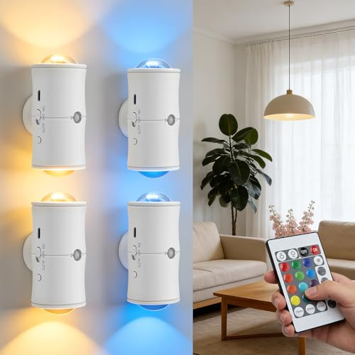 Motion Sensor Light Indoor, 4Pcs RGB 16-Color Changing Smart LED Wall Sconce with Remote Control, Battery Operated Rechargeable Wireless Wall Lamps, Magnetic Night Light for Bedroom Corridor Staircase