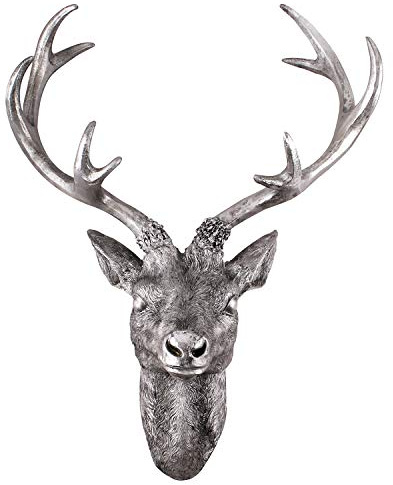 FineHome Tolles XXL Hirschgeweih Geweih 10-Ender Hirschkopf 48x32x61cm Figur Skulptur Wohndekoration Silber Optik