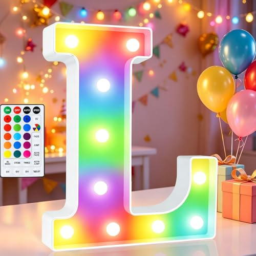 Light Up Colorful LED Marquee Letter Lights, 18 Colors Changing Alphabet Letters Sign with Remote Timer for Night Light Wedding Birthday Party Lamp Christmas Home Bar Decor- Colorful L