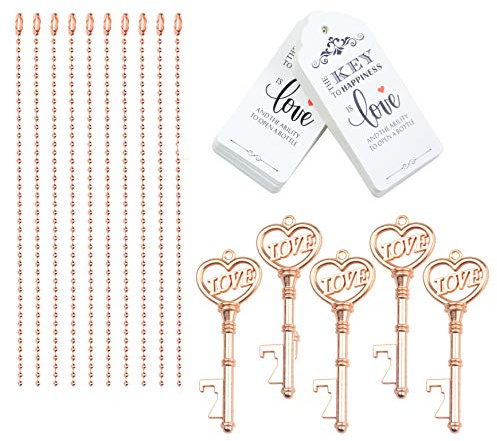 Aokbean 52pcs Vendimia Esqueleto Abrebotellas Clave Favor de Boda Set de Regalo de Recuerdo para Invitados con Escort Thank You Tag Card y Llavero(Oro Rosa)