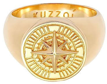 Kuzzoi Siegelring Herrenring rund massiv 15 mm 925 Silber | vergoldet Ring golden mit Kompass Symbol Maritimer Ring für Männer in der Ringgröße 60 - 66