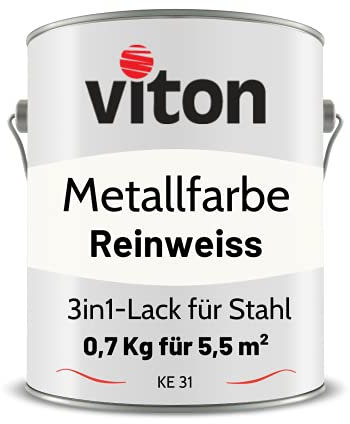 Viton Metallfarbe in Weiss - 0,7 Kg Metall-Schutzlack Seidenmatt - Dauerhafter Schutz & hohe Beständigkeit - 3in1 Grundierung & Deckfarbe - Metalllack direkt auf Rost - KE31 - RAL 9016 Verkehrsweiss
