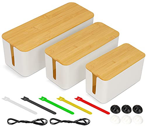 Large Cable Organizer Box for Desk, Cable Management Box Set of 3, Cord Storage Management with Lid, Breathable Wire Hider Box for Home Office/TV, Cable Hider Box Fits Multiple Cables