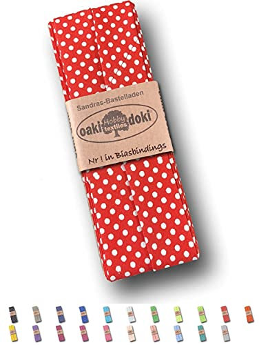 Sandras-Bastelladen Schrägband/Einfassband Baumwolle gefalzt 3m x 20mm - Punkte Muster 1010-Rot-Weiß