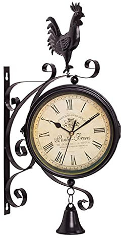 Fenteer Wanduhr aus Metall im Antik-Look, doppelseitige Retro-Bahnhofsuhr, runde Kronleuchter-Wanduhr mit Hahn und Glockendekoration - Römische Zahlen