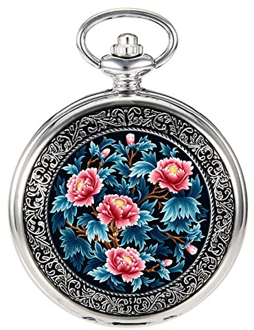 VIGOROSO Quartz Beautiful Peony Flowers Enamel Painting Steampunk Silver Pocket Watches in Box