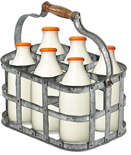 Trendi® Milk Bottle Holder Galvanized 4 Milk Bottles Doorstep Crate Carrier Traditional 7.75 (L) x 7.75 (W) x 6.25 (H) (6 Bottle Holder)