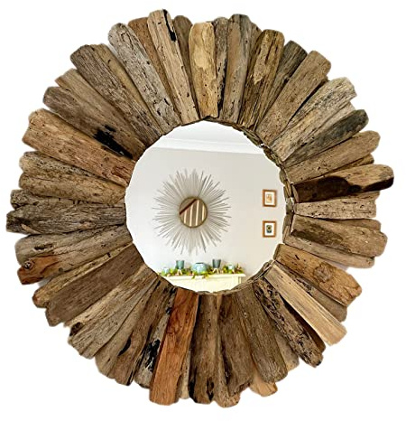 Darthome Round Driftwood Mirror 40cm Vintage Rustic Natural Frame Bathroom Art Wall Decor