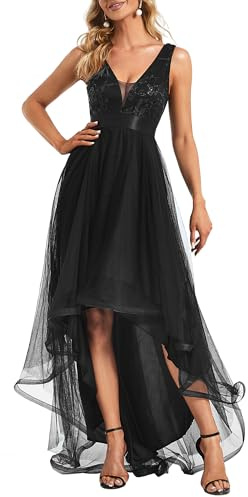 Ever-Pretty Robe de Cocktail Femme Longue Asymétrique High Low Col V Tulle Paillettes Soirée